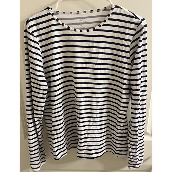 Lands End Stretch Long Sleeve Top Size 10-12 M‎ White Navy Striped Nylon/Spandex - Picture 3 of 4